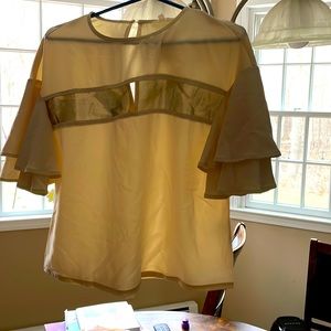 Off white with gold stripe across the chest. Ruffled sleeves. Never worn.